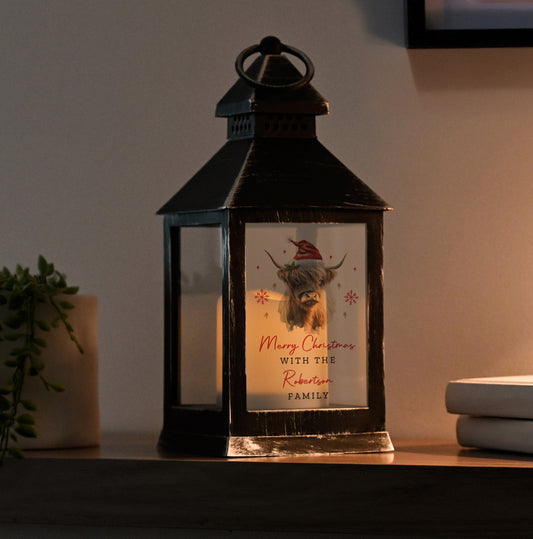 Personalised Highland Cow Christmas LED Lantern