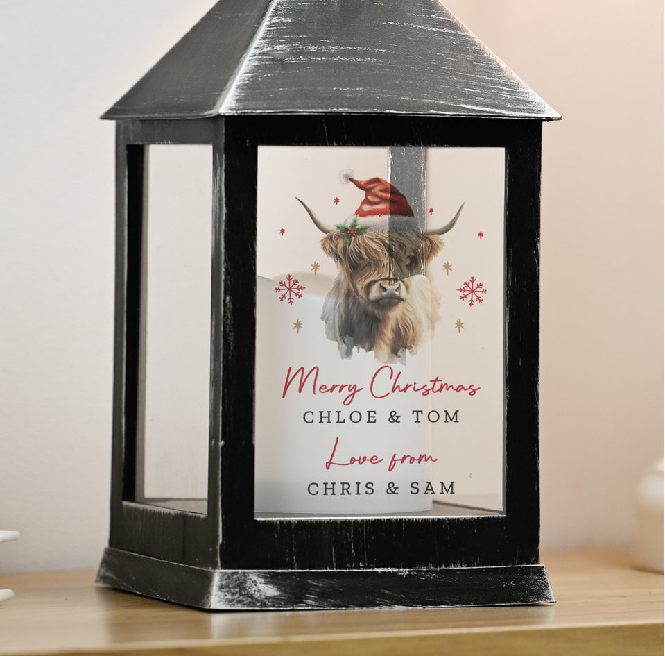 Personalised Highland Cow Christmas LED Lantern