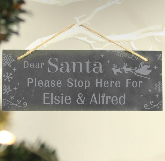 Personalised Santa Please Stop Here... Hanging Slate Sign