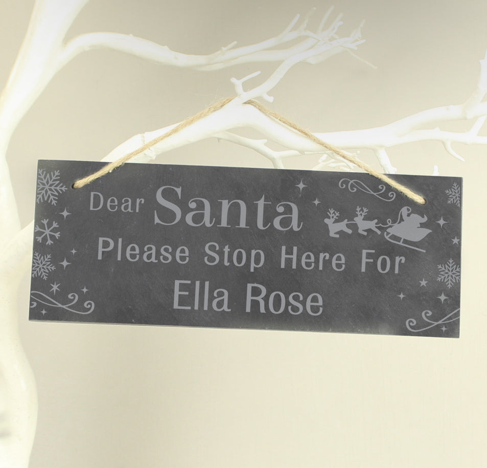 Personalised Santa Please Stop Here... Hanging Slate Sign