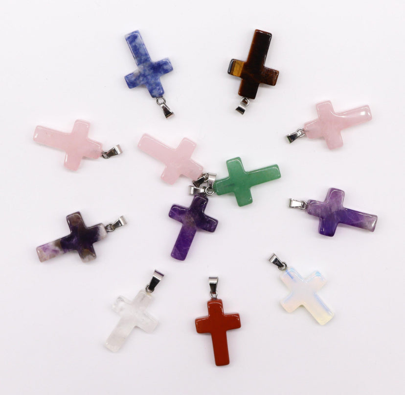 12x Gemstone Crosses Pendants (12 assorted) 25x18mm