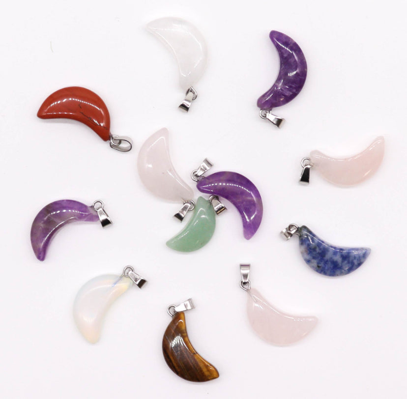 12x Gemstone Moons Pendants (12 assorted) 20x13mm