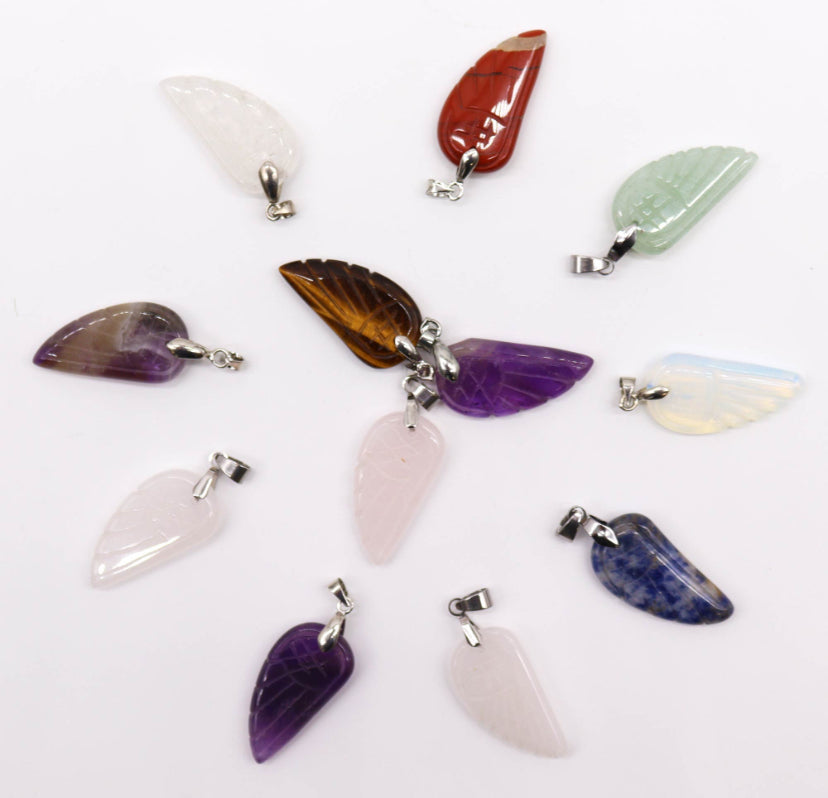 12x Gemstone Angel Wings Pendants (12 assorted) 28x15mm