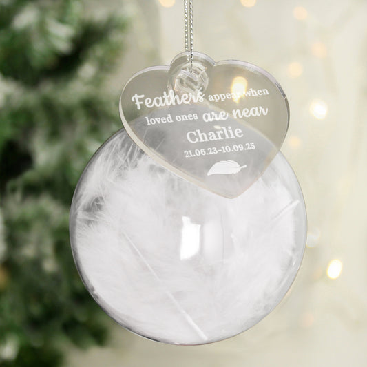 Personalised White Memorial Feather Bauble