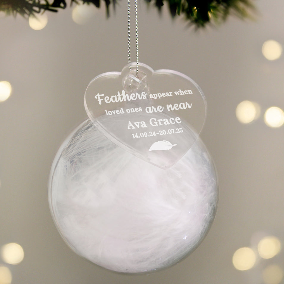 Personalised White Memorial Feather Bauble