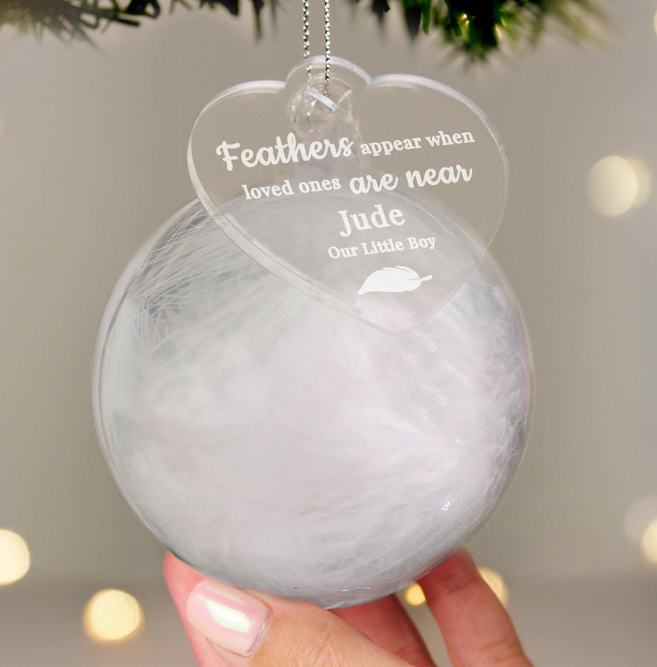 Personalised White Memorial Feather Bauble