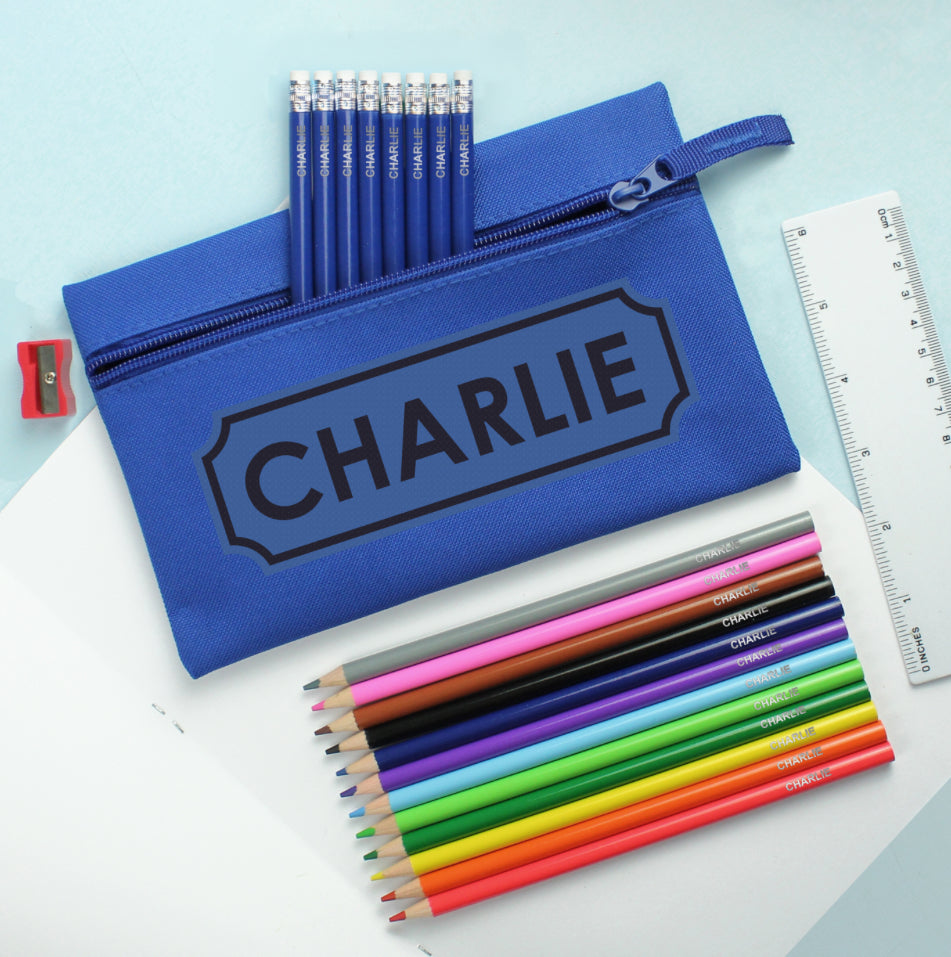 Blue Pencil Case with Personalised Pencils & Crayons
