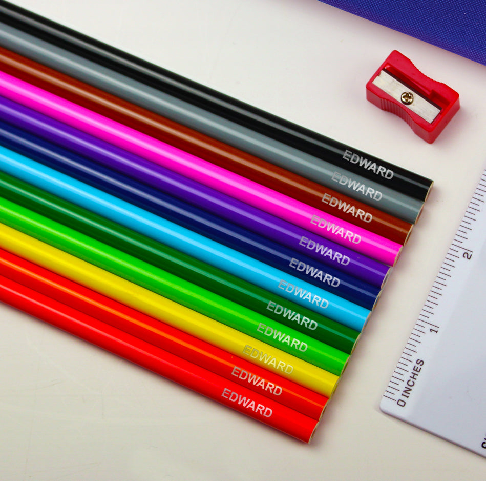 Blue Pencil Case with Personalised Pencils & Crayons