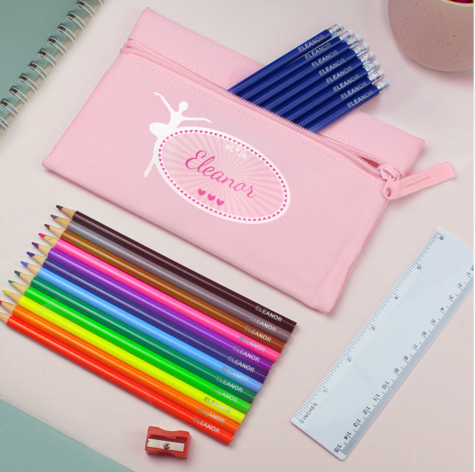 Pink Ballerina Pencil Case with Personalised Pencils & Crayons