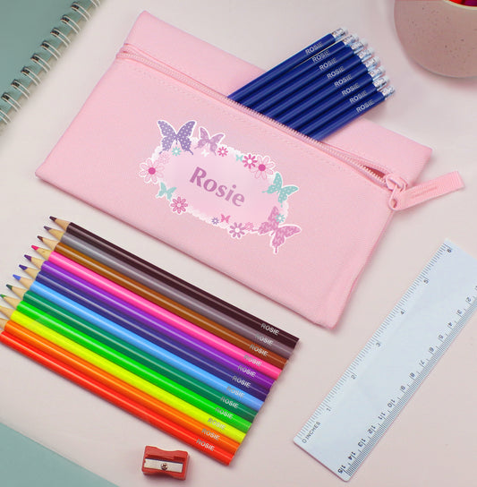 Pink Butterfly Pencil Case with Personalised Pencils & Crayons