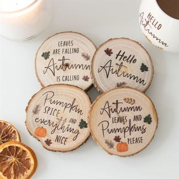 Hello Autumn Wood Slice Coaster Set