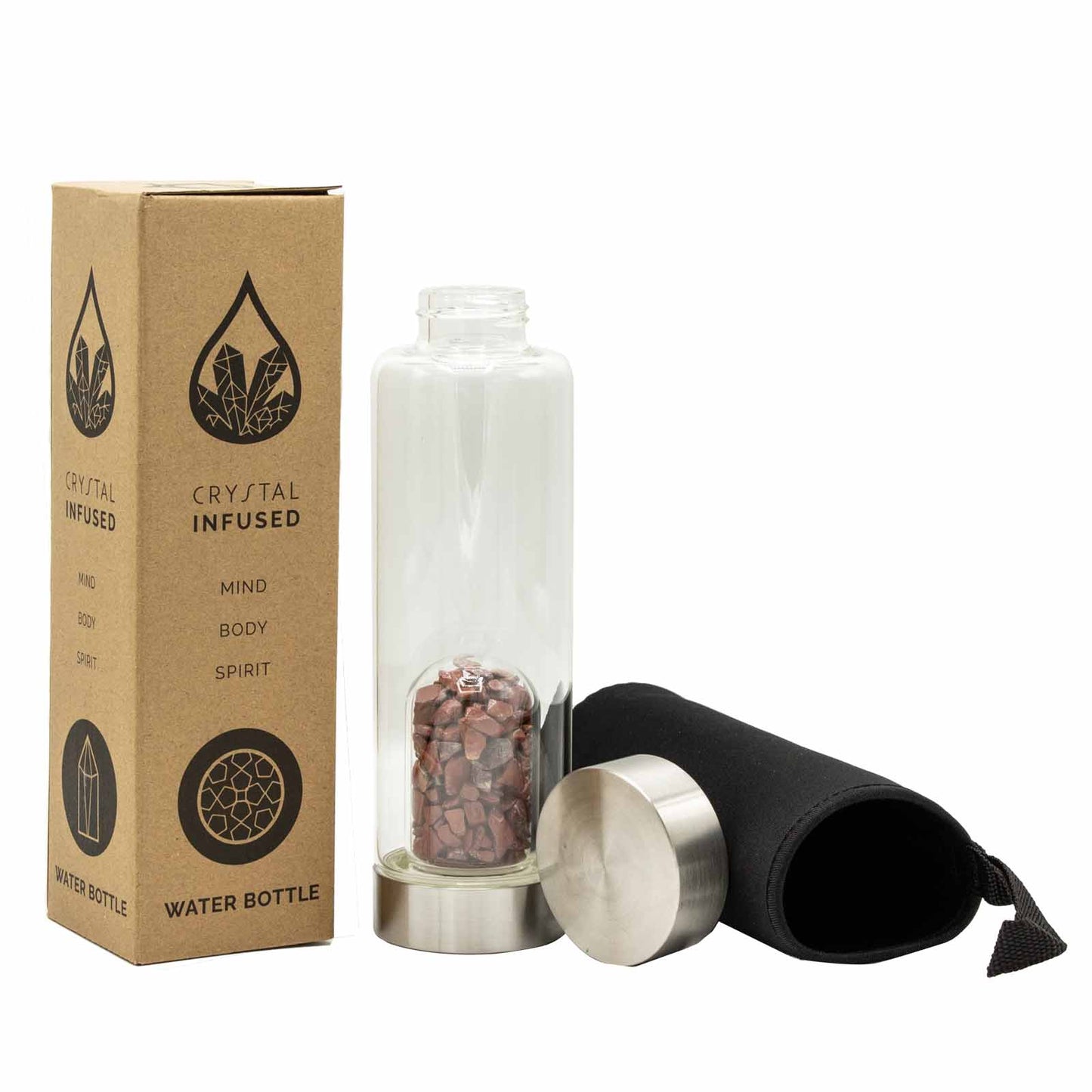 Crystal Infused Glass Water Bottle - Invigorating Red Jasper - Chips