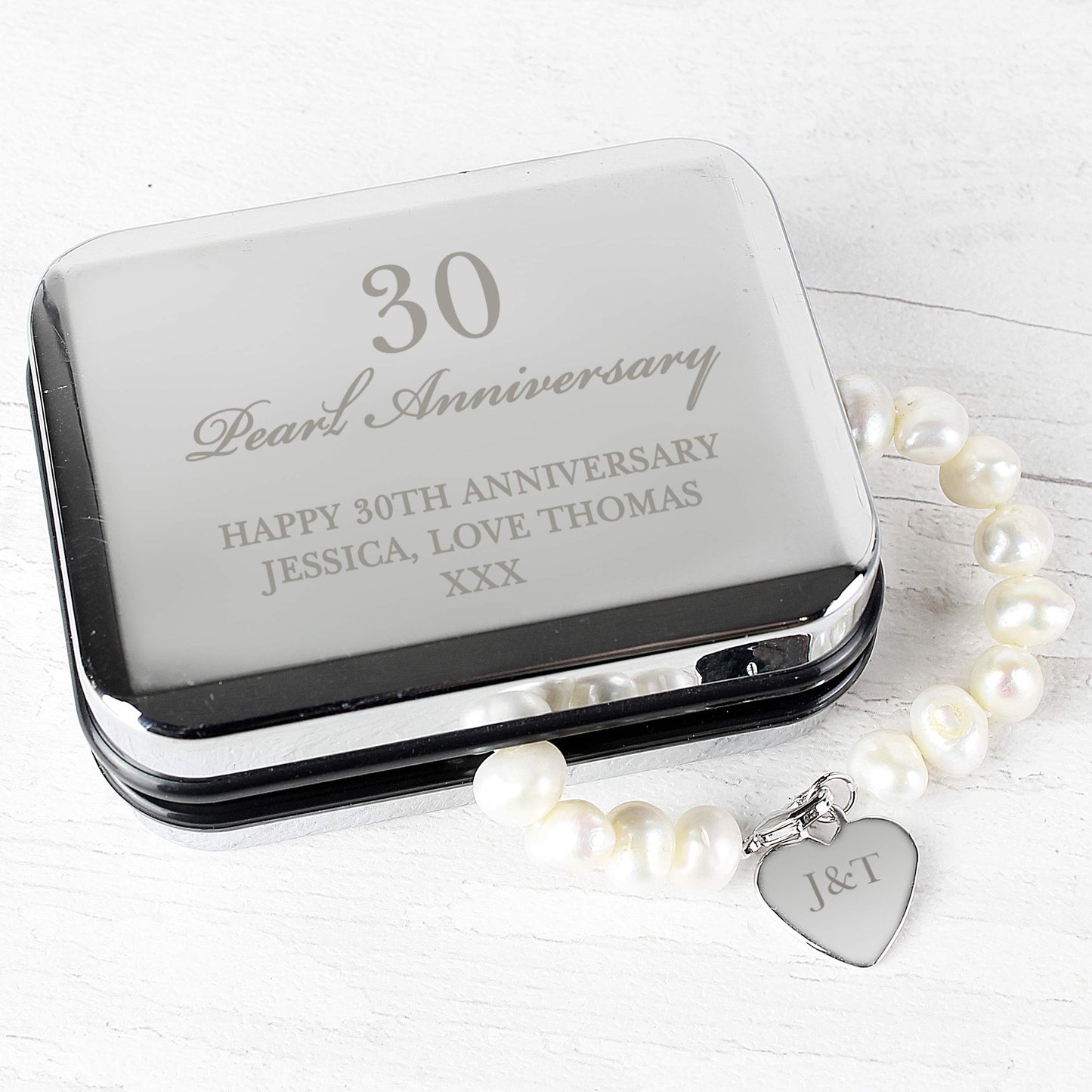 Personalised Anniversary Silver Box and Pearl Bracelet