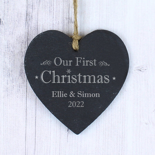 Personalised Our First Christmas Slate Heart Decoration