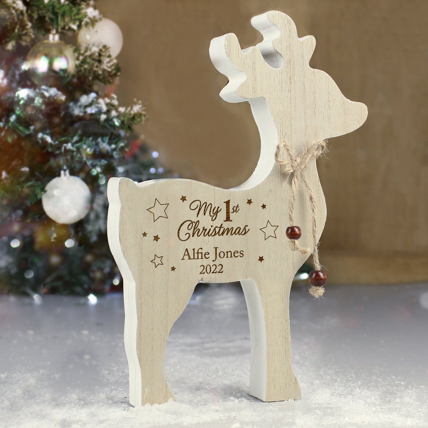 Personalised '1st Christmas' Rustic Wooden Reindeer Decoration