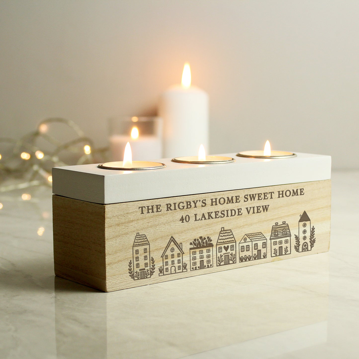 Personalised HOME Triple Tea Light Box