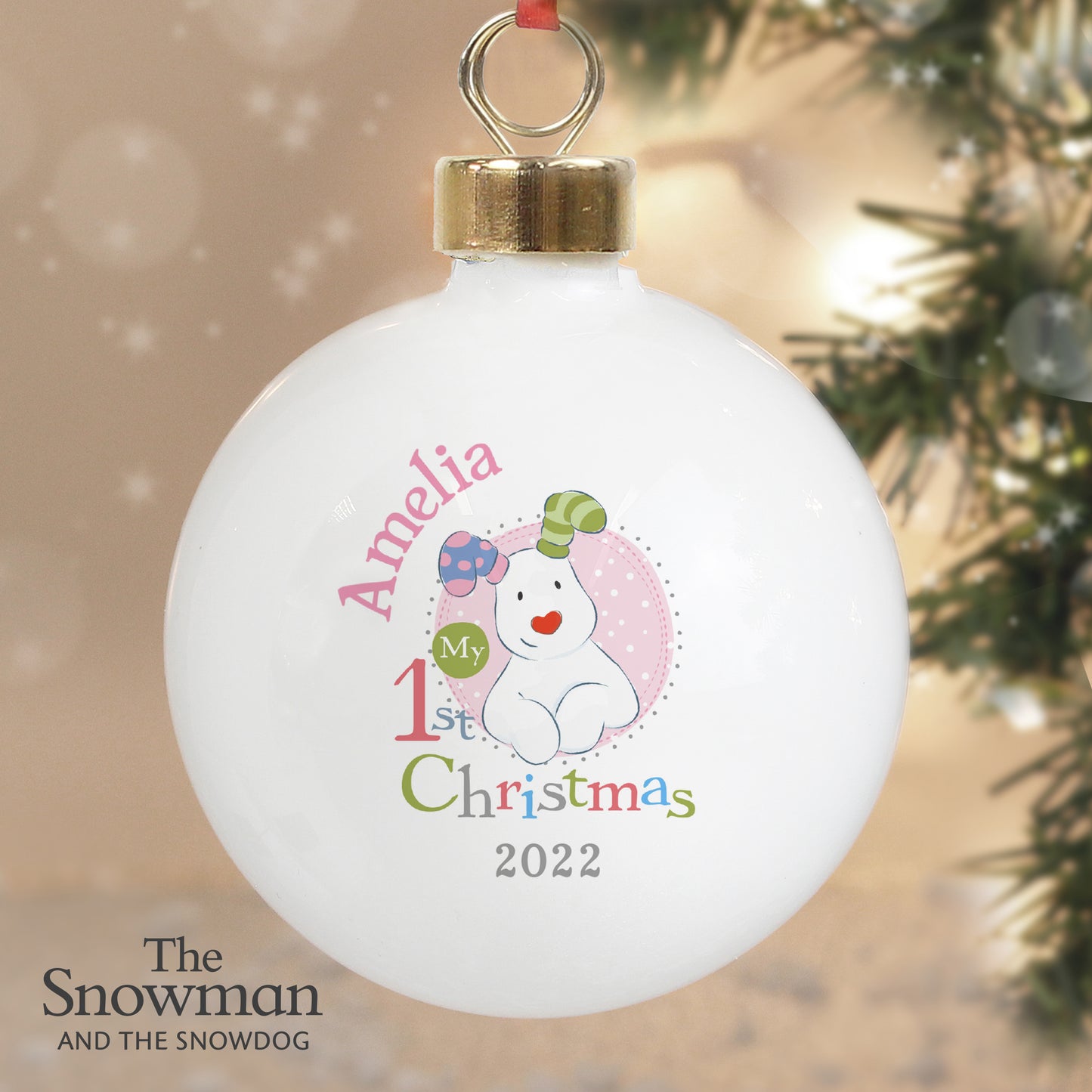 Personalised The Snowman and the Snowdog My 1st Christmas Pink Bauble