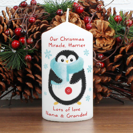 Personalised Felt Stitch Penguin Pillar Candle