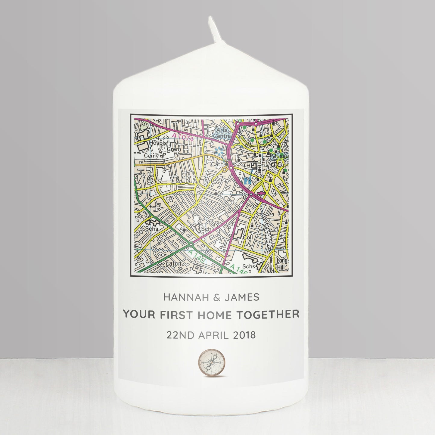 Personalised Present Day Map Compass Pillar Candle