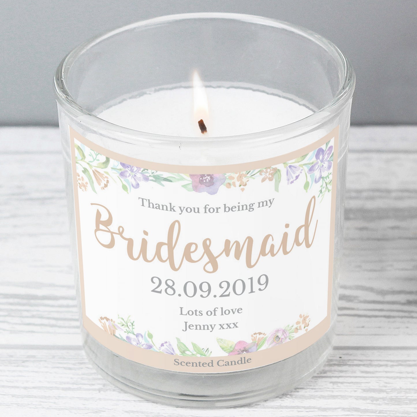 Personalised Bridesmaid 'Floral Watercolour Wedding' Scented Jar Candle