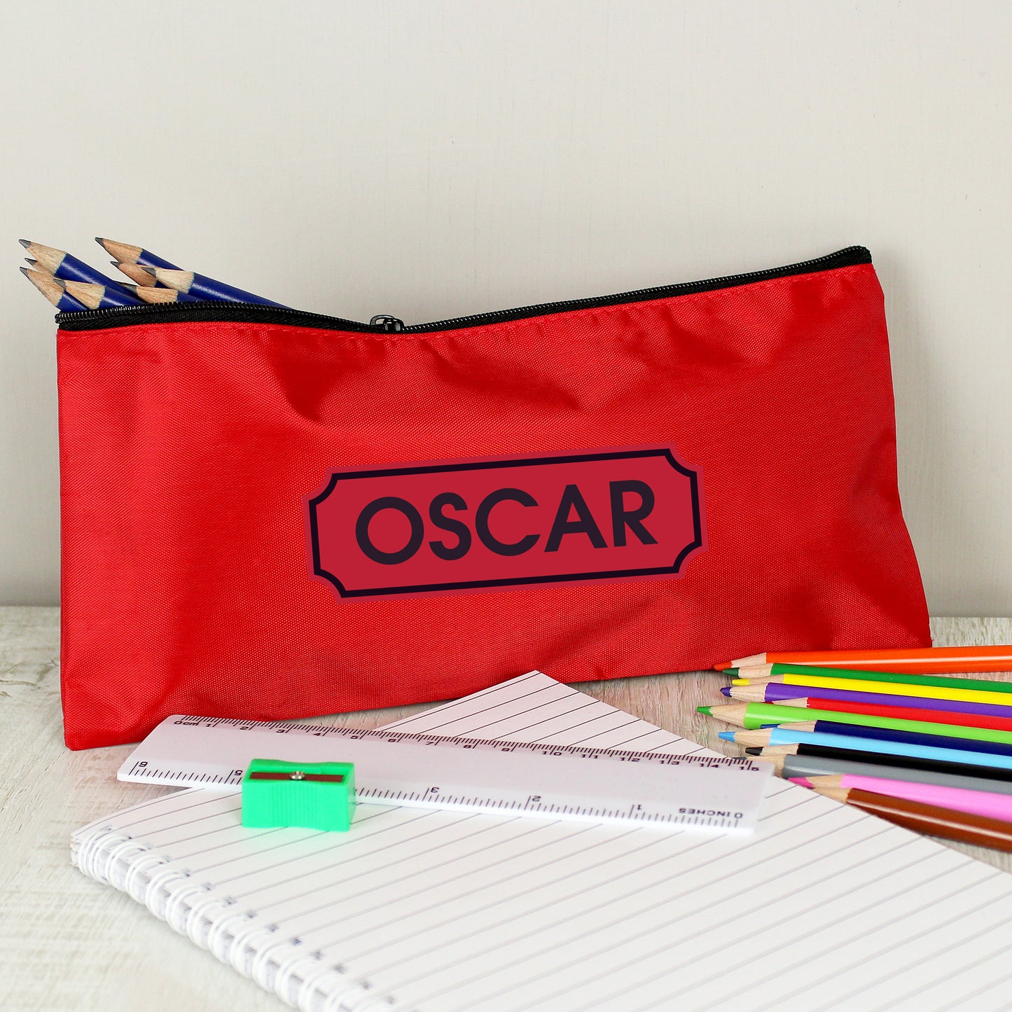 Red Pencil Case with Personalised Pencils & Crayons