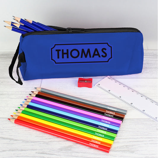 Blue Pencil Case with Personalised Pencils & Crayons