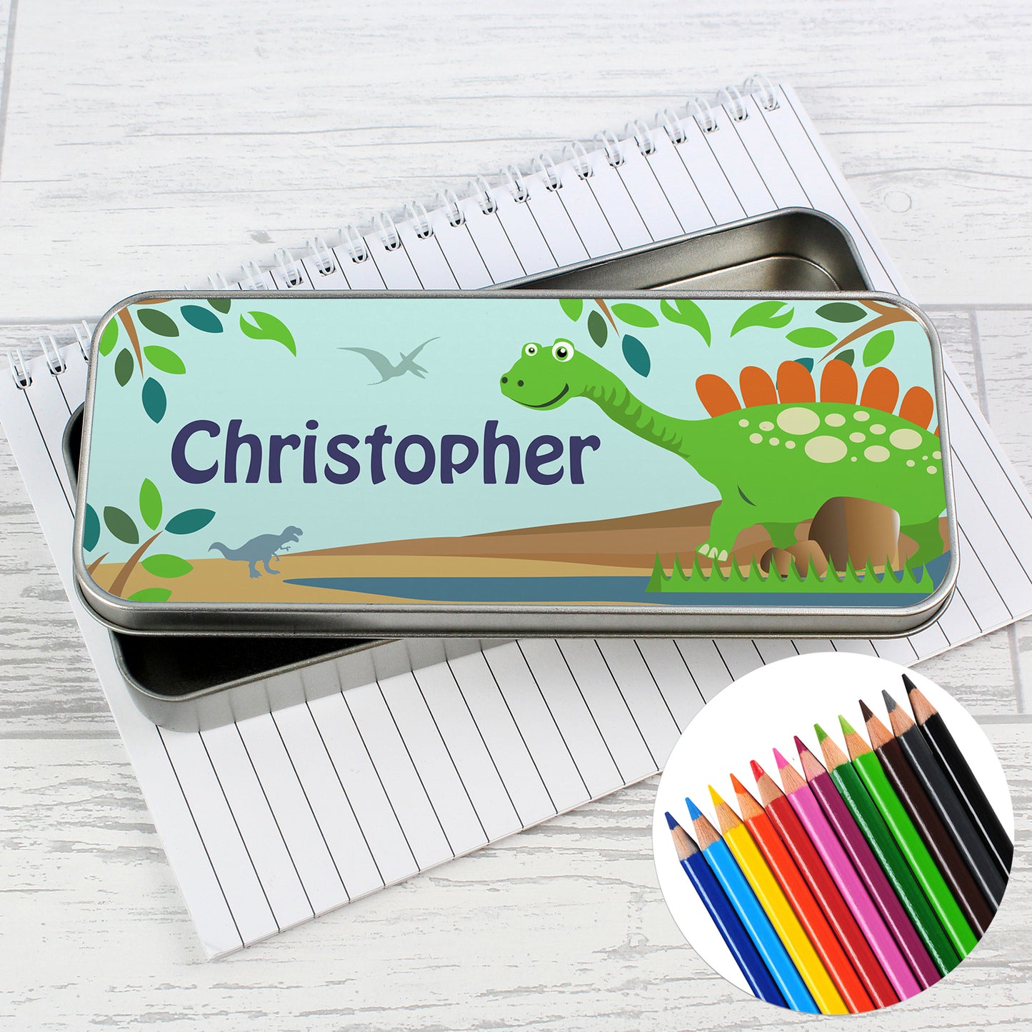 Personalised Dinosaur Pencil Tin with Pencil Crayons