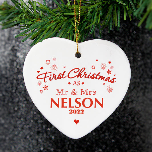 Personalised 'Our First Christmas' Ceramic Heart Decoration