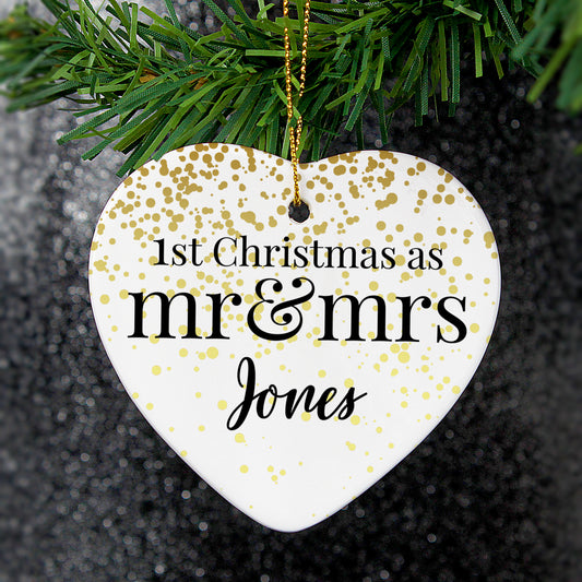 Personalised Mr and Mrs 1st Christmas Ceramic Heart Decoration