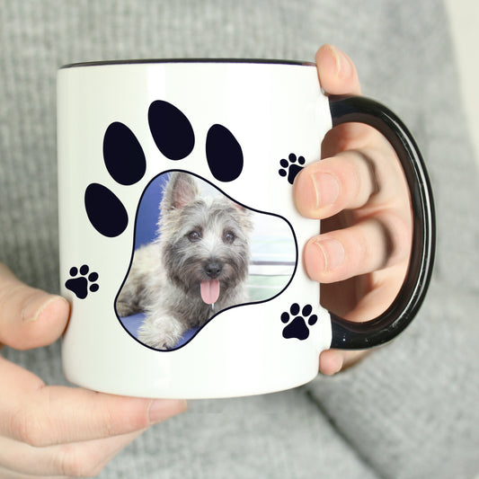 Personalised Paw Print Pet Photo Upload Black Handled Mug