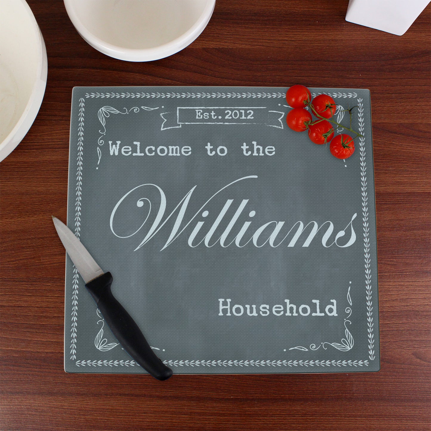 Personalised Family Chalk Glass Chopping Board/Worktop Saver