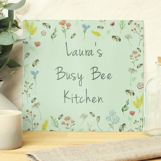 Personalised Busy Bee Glass Chopping Board/Worktop Saver