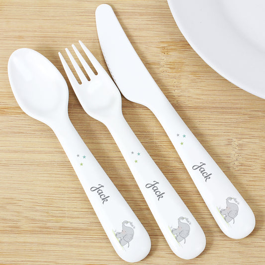 Personalised Hessian Elephant 3 Piece Plastic Cutlery Set