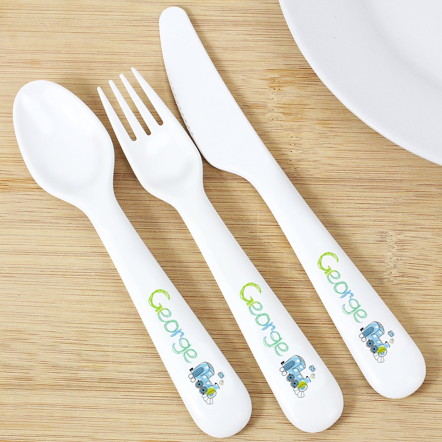 Personalised Patchwork Train 3 Piece Plastic Cutlery Set