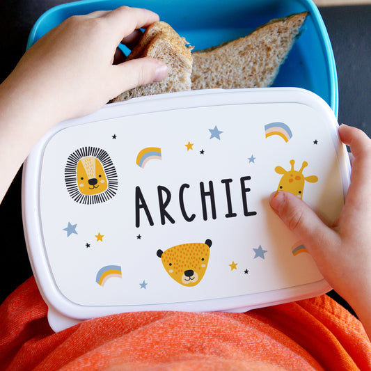 Personalised Safari Animals Name Only Blue Lunch Box