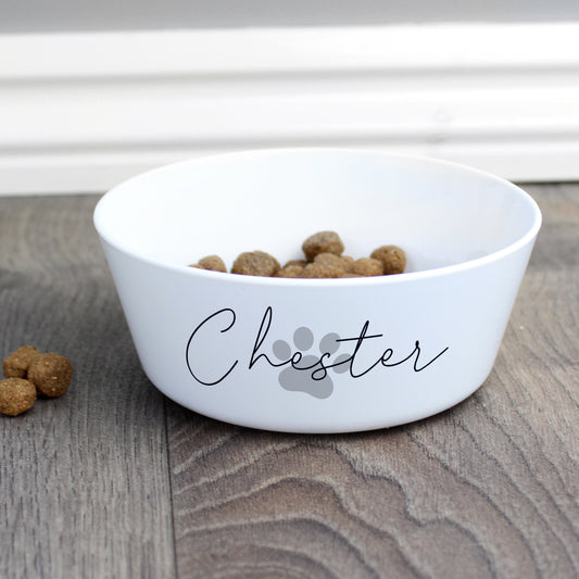 Personalised Grey Pawprint Plastic Cat Bowl