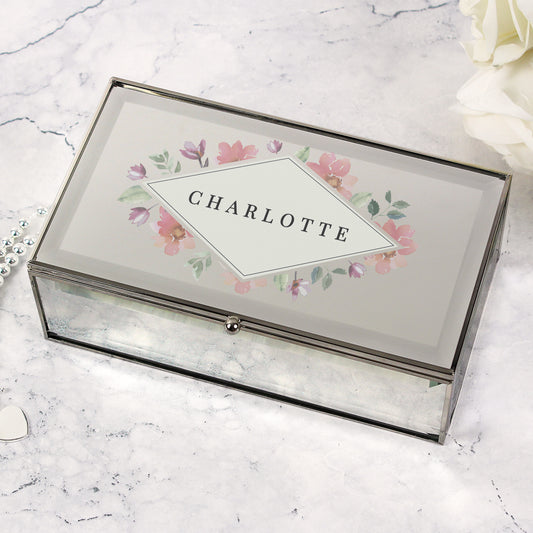 Personalised Floral Watercolour Mirrored Jewellery Box