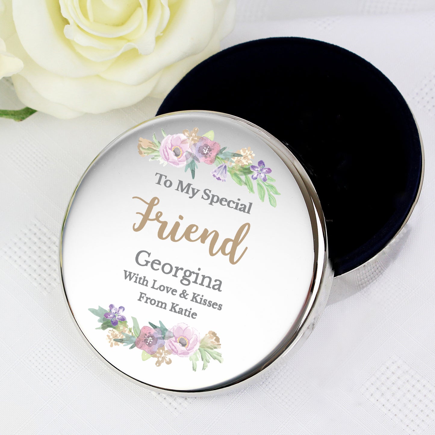 Personalised Floral Watercolour Round Trinket Box