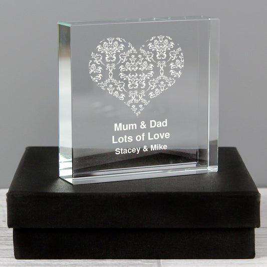 Personalised Damask White Heart Crystal Token