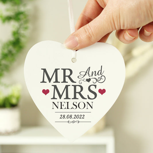 Personalised Mr & Mrs Wooden Heart Decoration