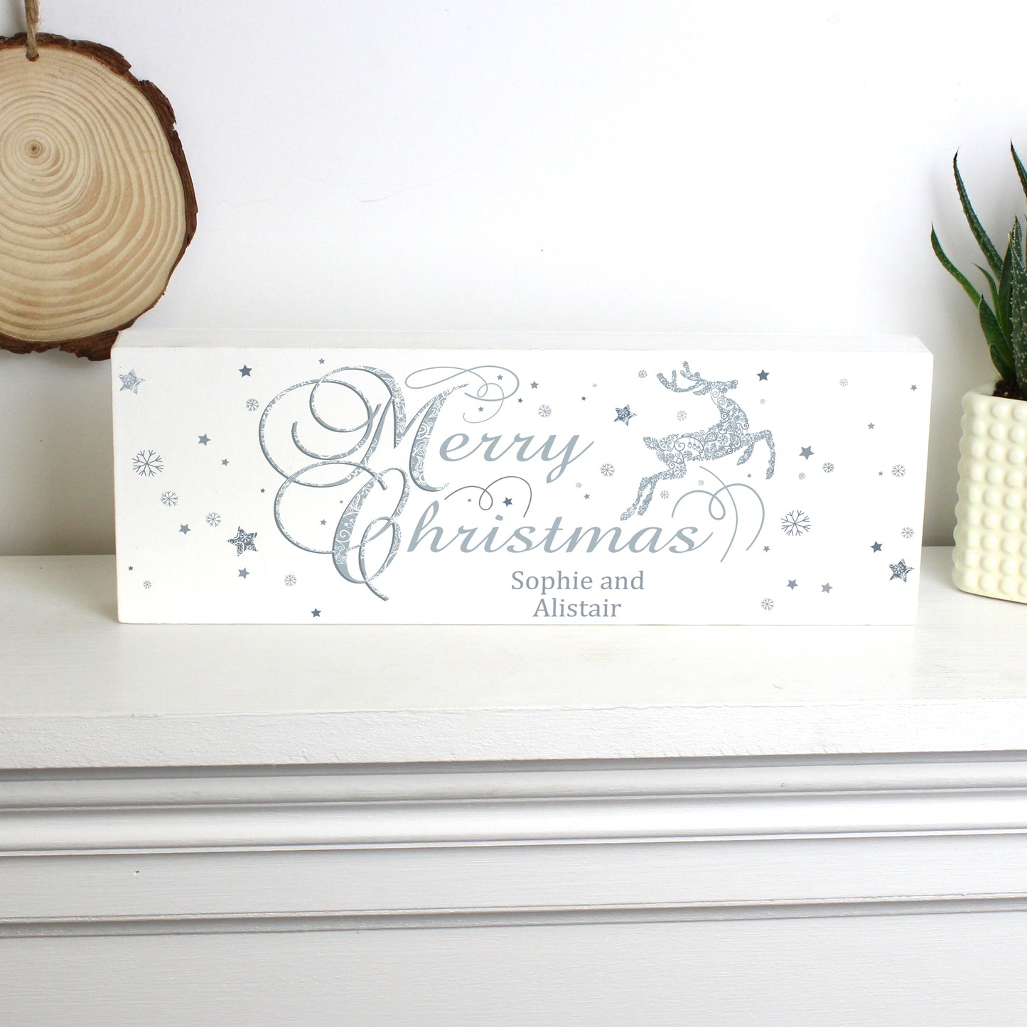 Personalised Silver Reindeer Wooden Block Sign