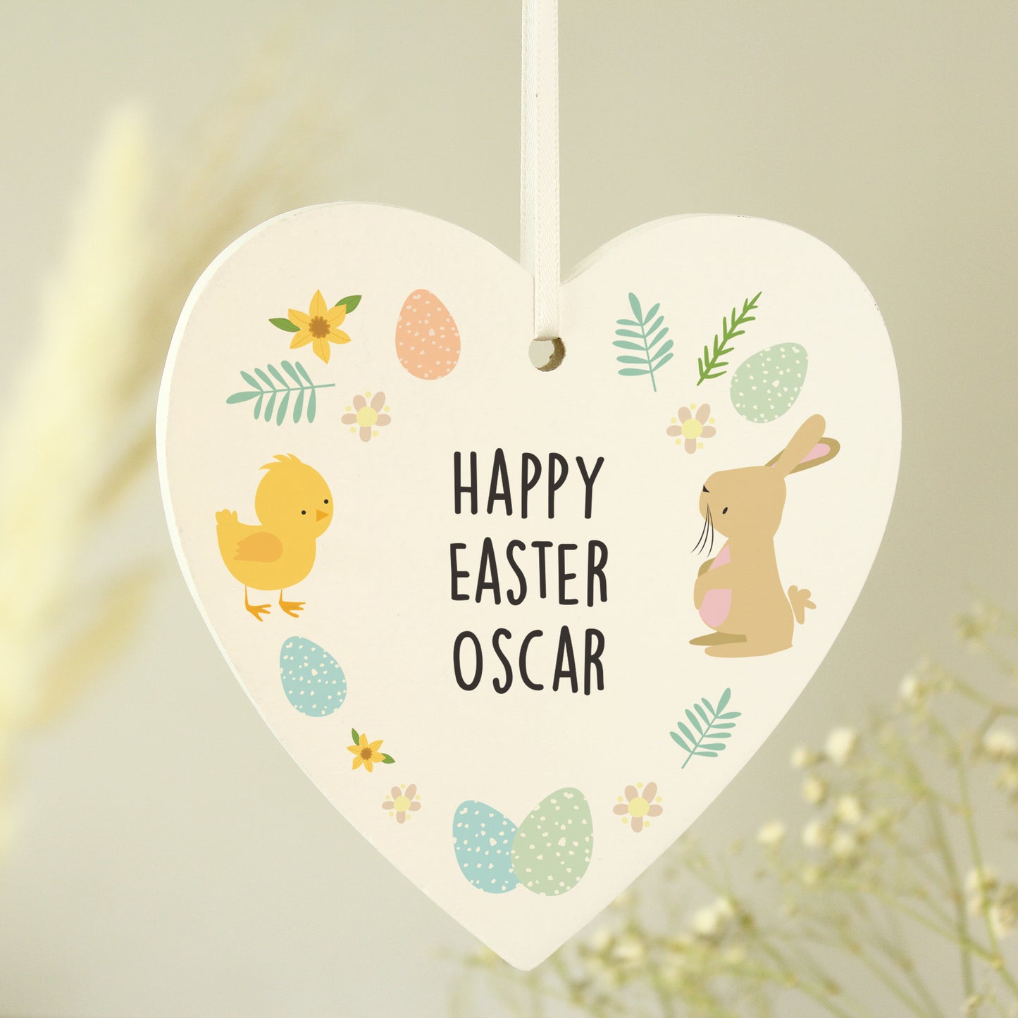 Personalised Easter Bunny & Chick Wooden Heart Decoration