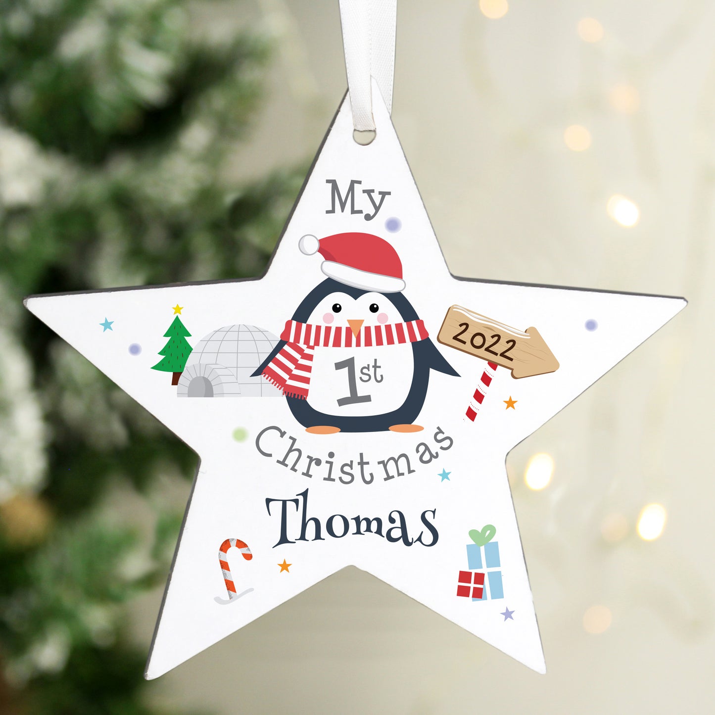 Personalised 1st Christmas Penguin Wooden Star Decoration