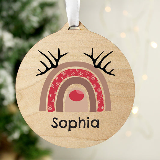 Personalised Rainbow Reindeer Round Wooden Decoration