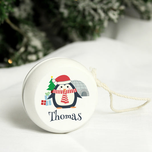 Personalised Christmas Penguin White Wooden Yoyo