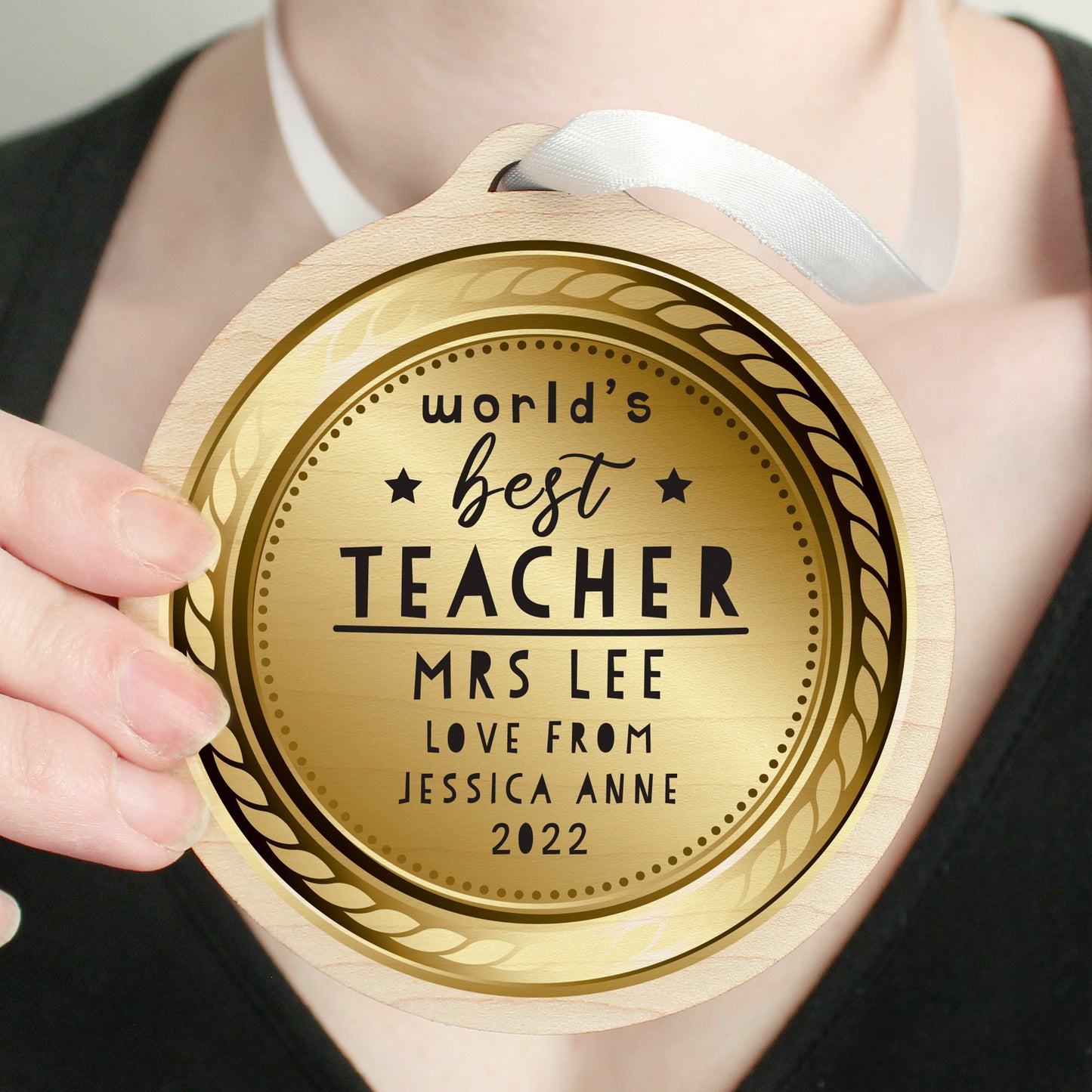 Personalised Worlds Best Teacher Round Wooden Medal