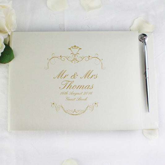 Personalised Gold Ornate Swirl Hardback Guest Book & Pen